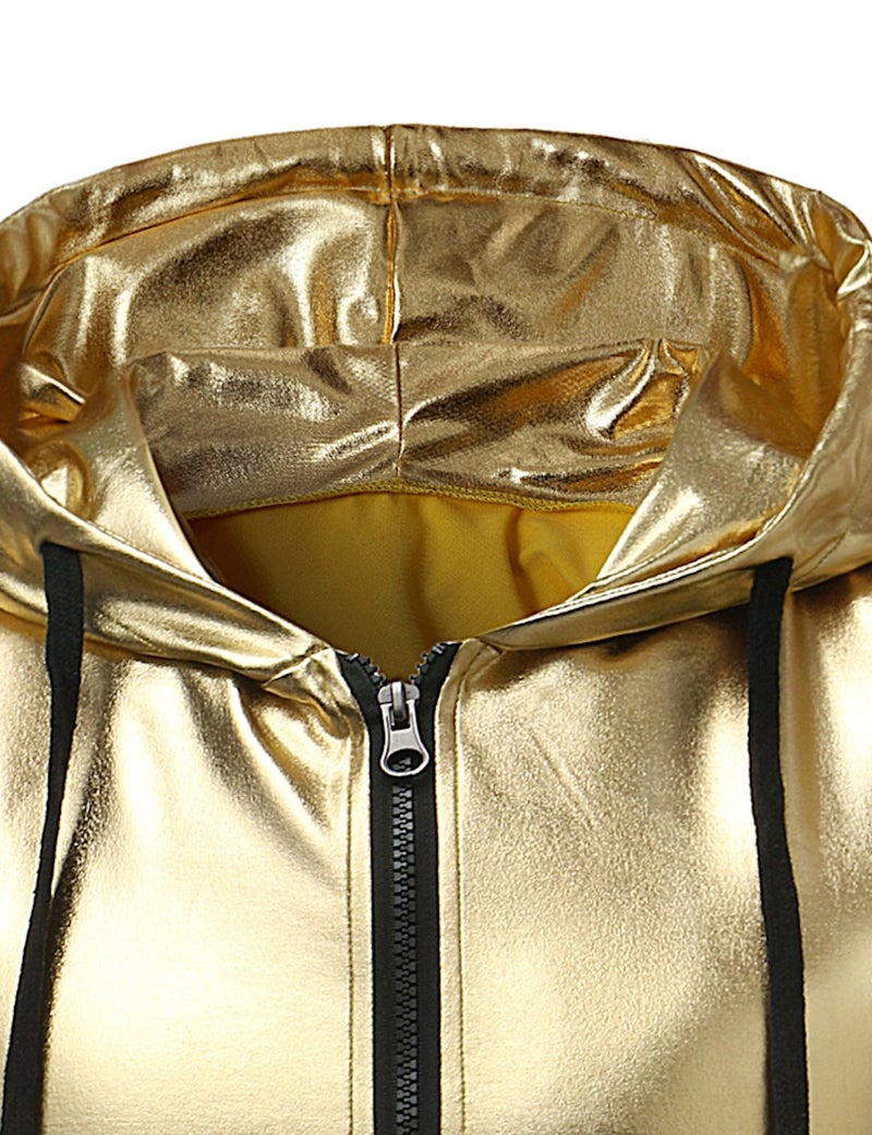ZEROYAA Mens Hipster Metallic Zip Up Sleeveless Hooded Vest T Shirt with Kangaroo Pocket Z86 Gold Large - Image 3